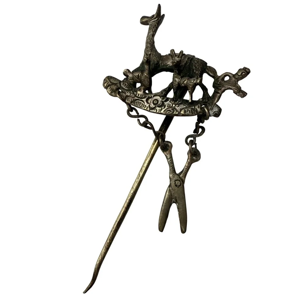Vintage Andean Tupu Shawl Pin Brooch Llama‎ With Scissors Folk Art Peru Bolivia